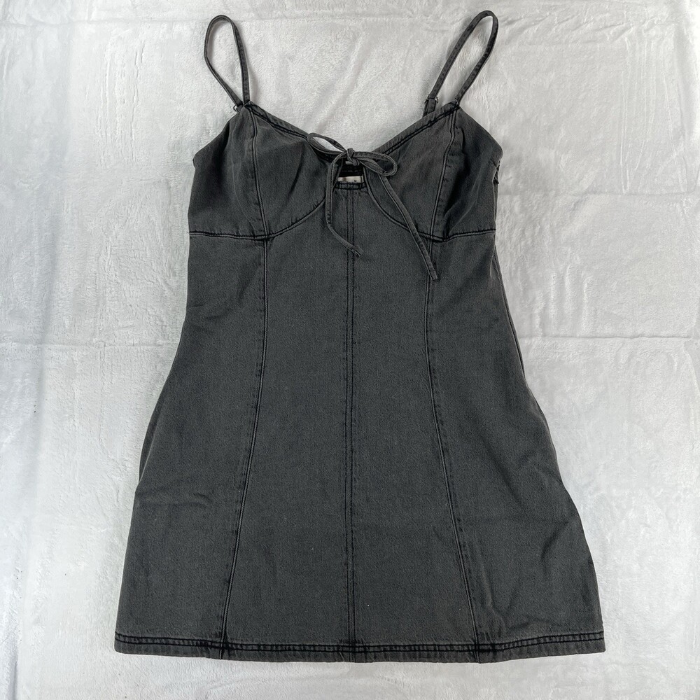 Hollister Washed Grey Mini Dress Spaghetti Strap 90s Y2K Front Tie Bow Denim